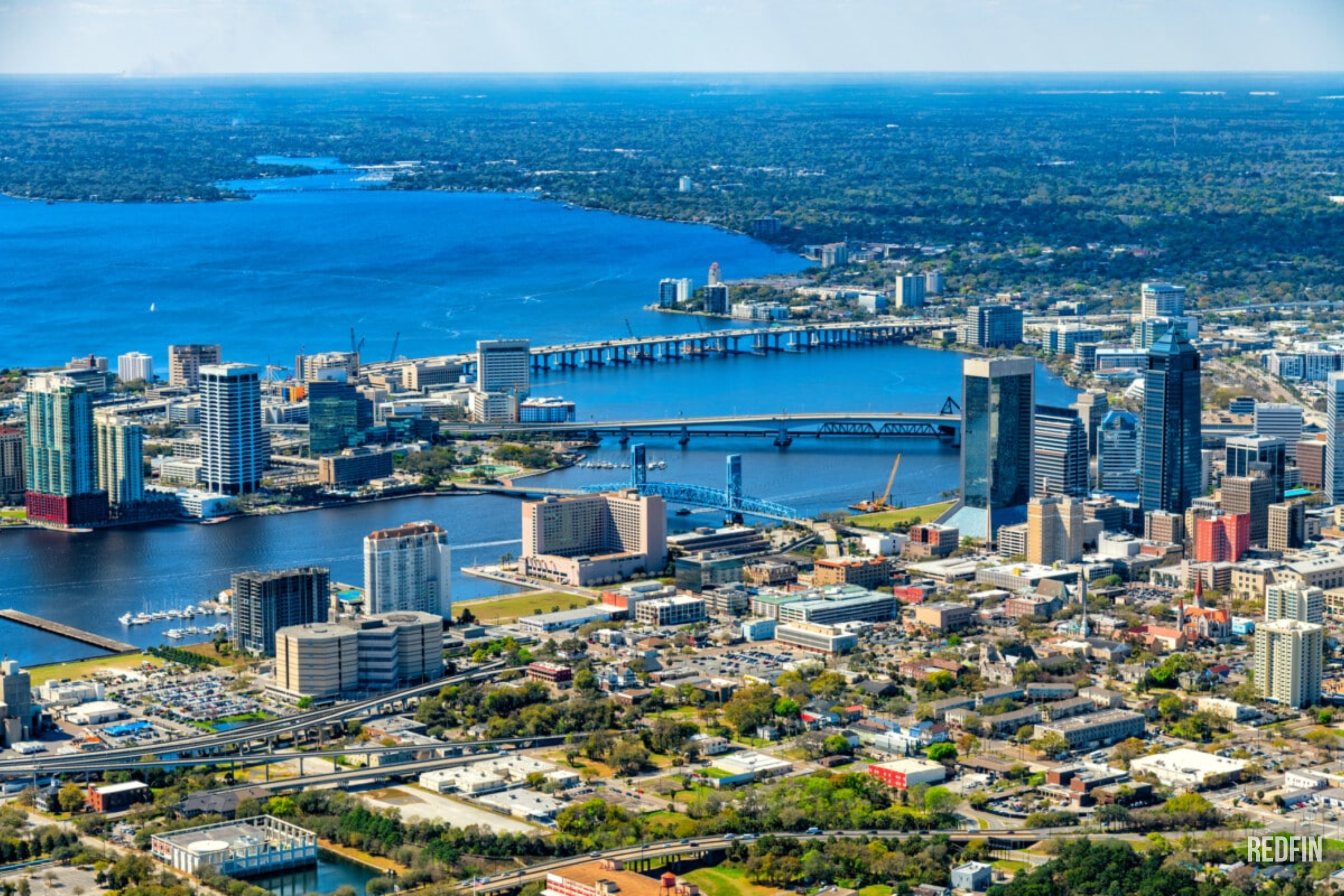 Downtown Jacksonville with skyscrapers and bridges over the St. Johns River