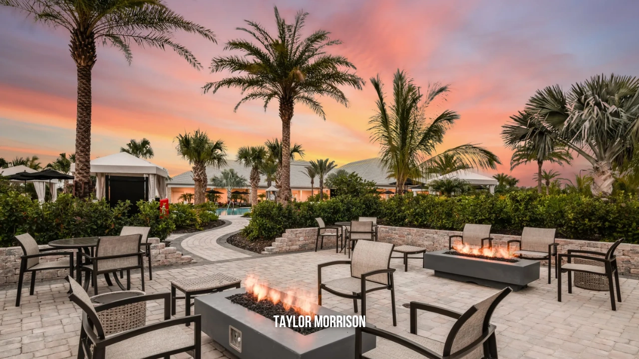 Fireside gathering areas at Esplanade by Taylor Morrison, featuring modern fire pits, cozy seating, palm trees, and a vibrant sunset in the background.