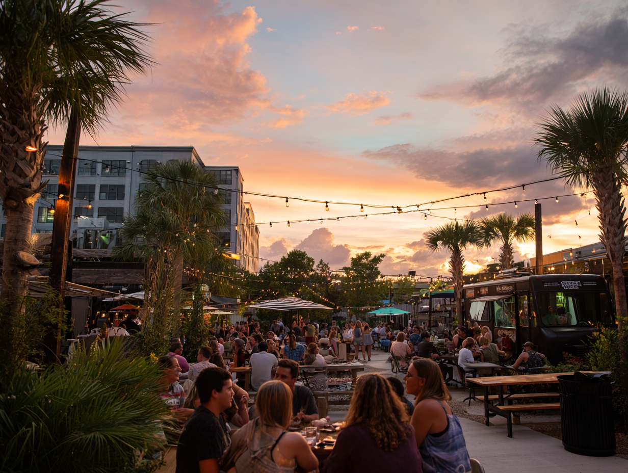 A festive outdoor dining scene during sunset, with people enjoying food and drinks in a warm, lively atmosphere.