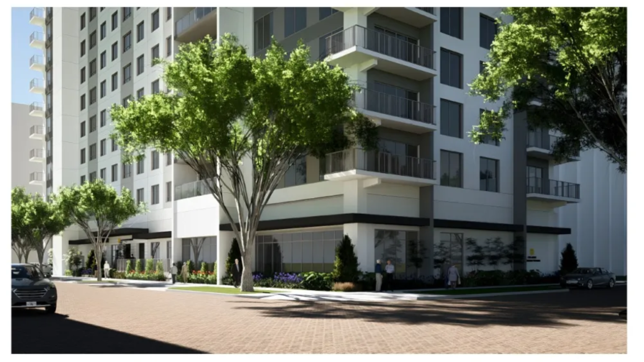 The proposed $83 million tower would have 123 independent living units, as well as office space and a new restaurant on the ground floor.