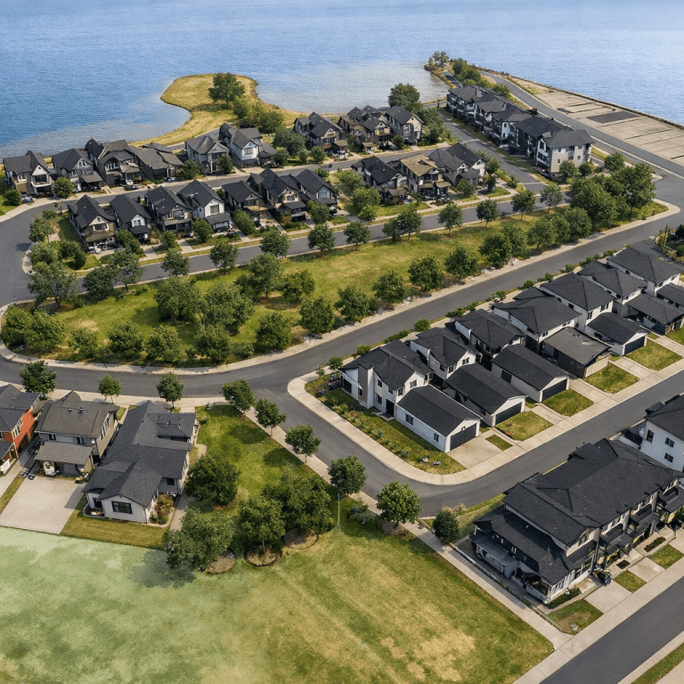 Weslyn Park Sunbridge lakefront amenity and clubhouse rendering.