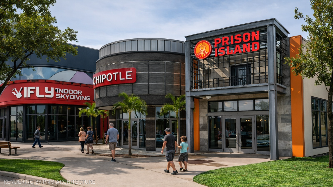 Rendering of Prison Island’s escape room experience on I-Drive next to iFLY Orlando, featuring a modern design with Chipotle on the corner.
