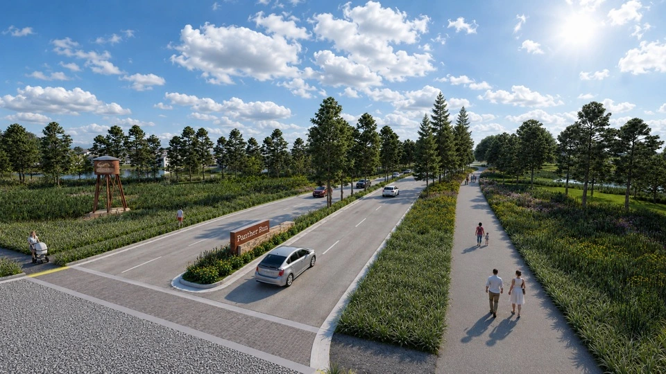 Artist rendering of the tree-lined entrance to Panther Run master-planned community in Clermont Florida