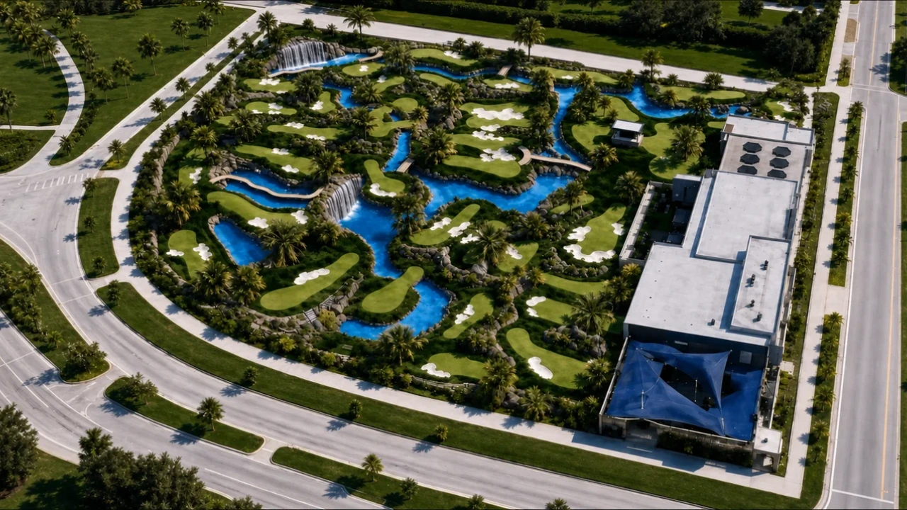 Aerial rendering of the two 18-hole PopStroke courses on International Drive in Orlando