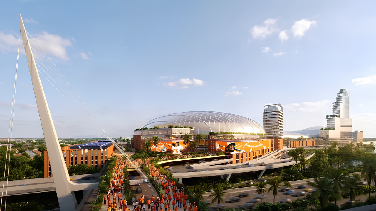 Conceptual renderings of the proposed Orlando Dreamers domed baseball stadium and district near International Drive