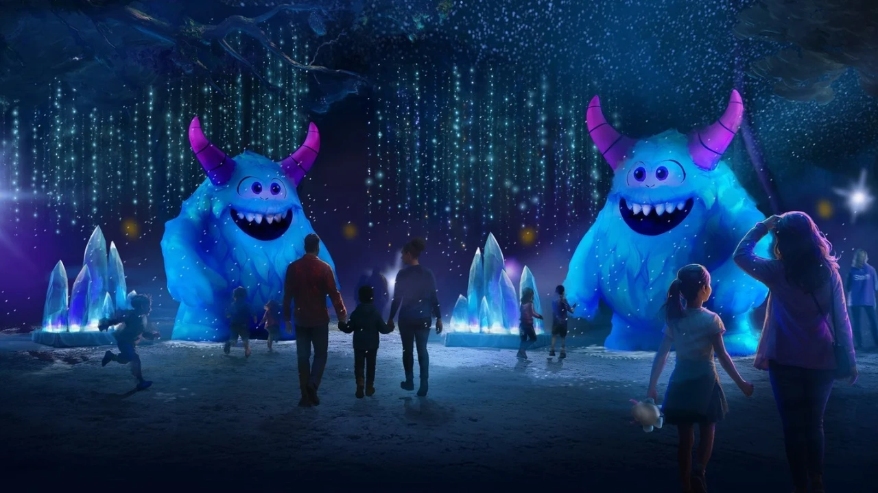 Towering illuminated yetis in the Crystal Kingdom at Dazzling Nights, Harry P. Leu Gardens, Orlando