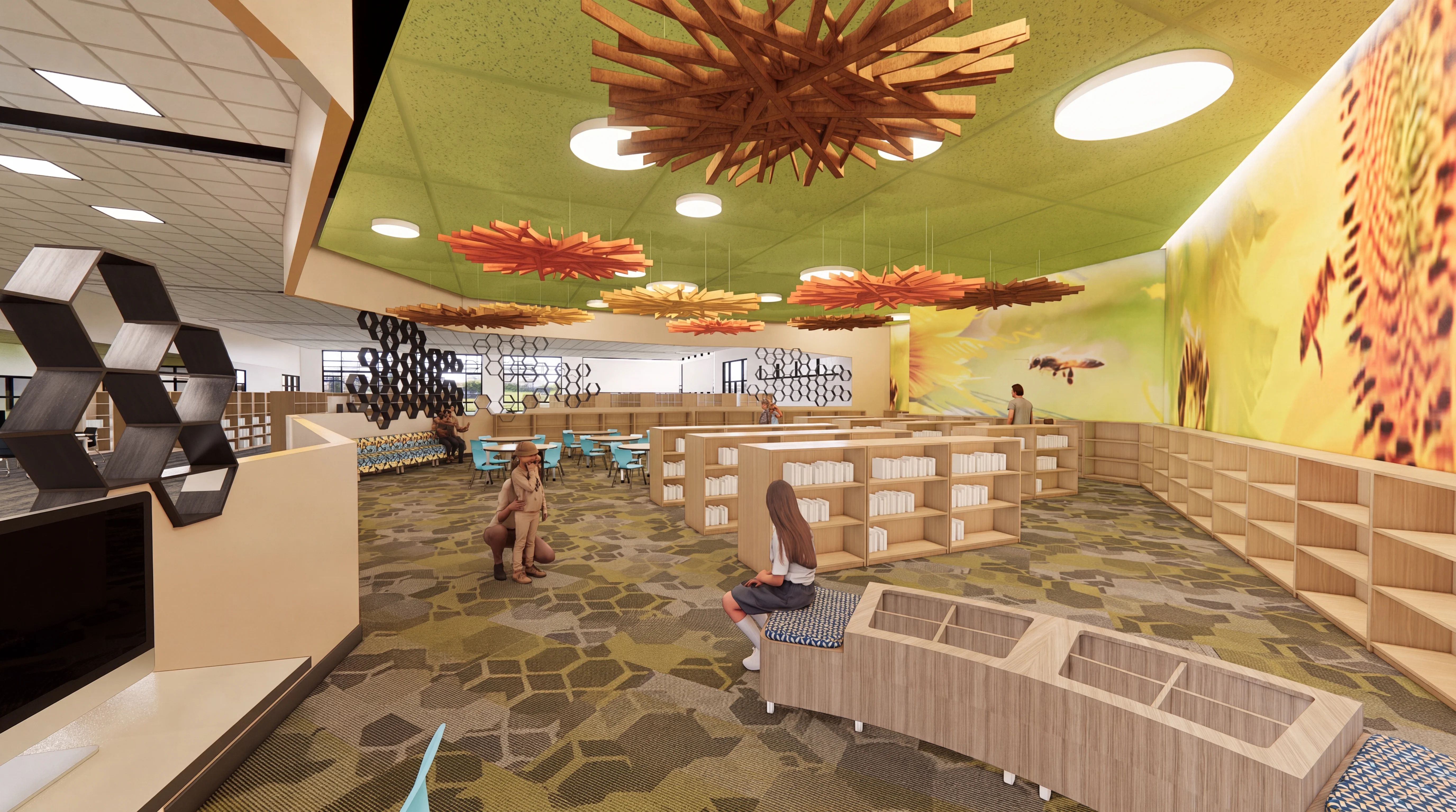 Honeycomb themed children's area inside the Horizon West Branch library with hanging wood sculptures and a bee mural