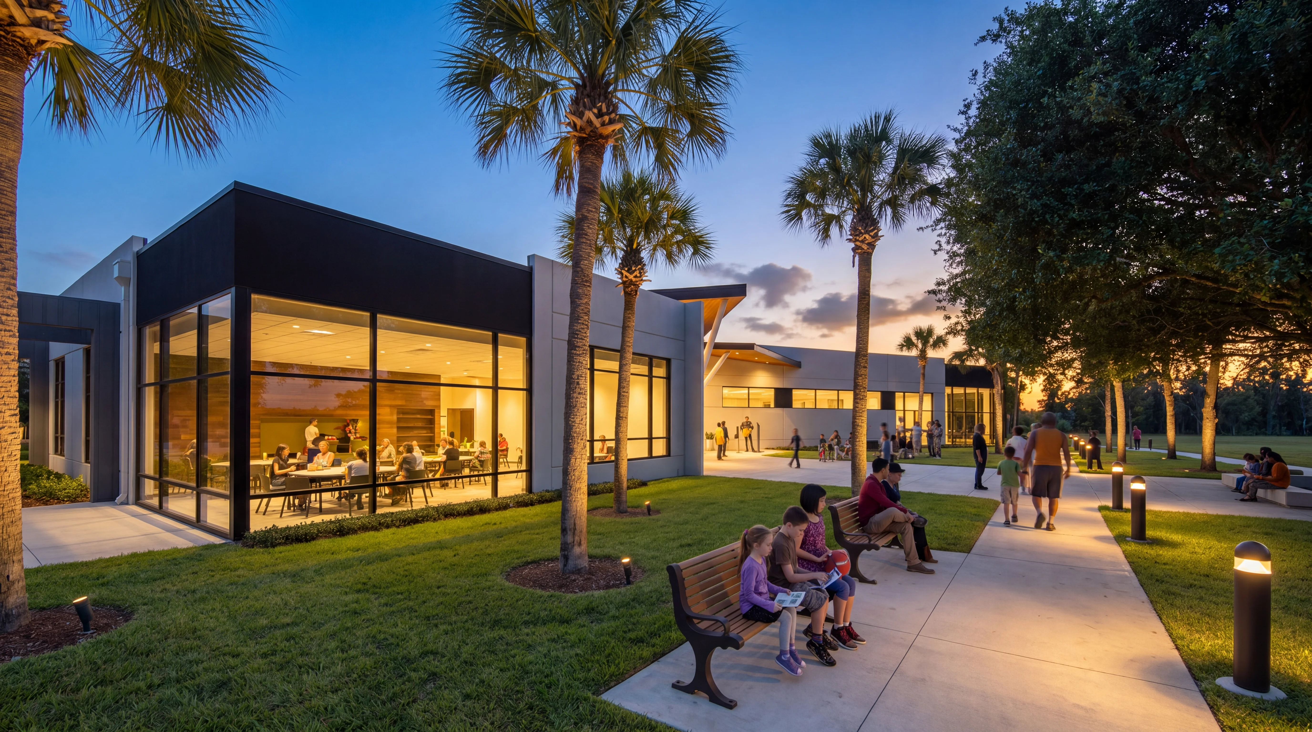 Outdoor courtyard at the Horizon West Branch library at twilight with palm trees benches and a glowing glass reading room