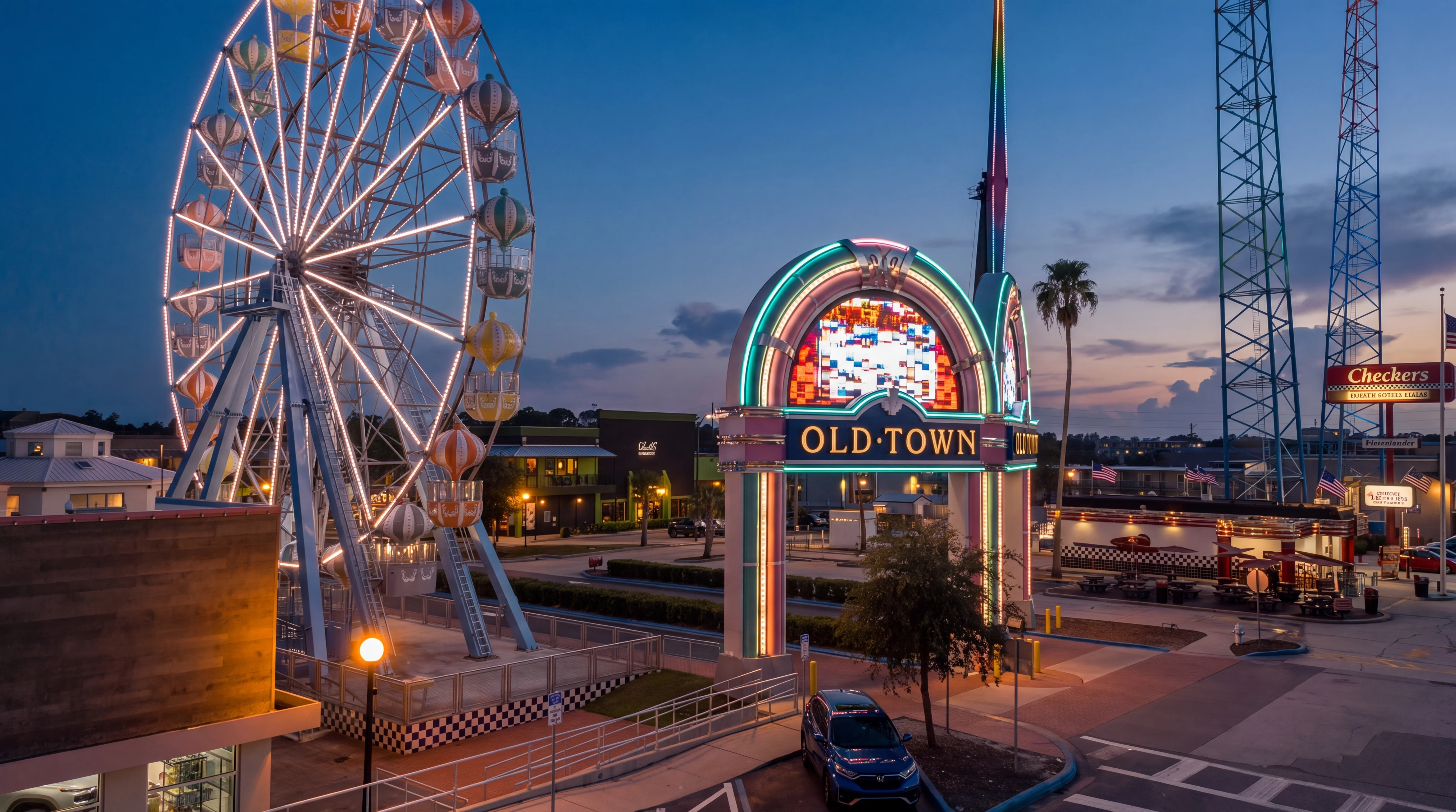 Old Town Kissimmee neon entrance sign and illuminated Ferris wheel at twilight on West Irlo Bronson Memorial Highway