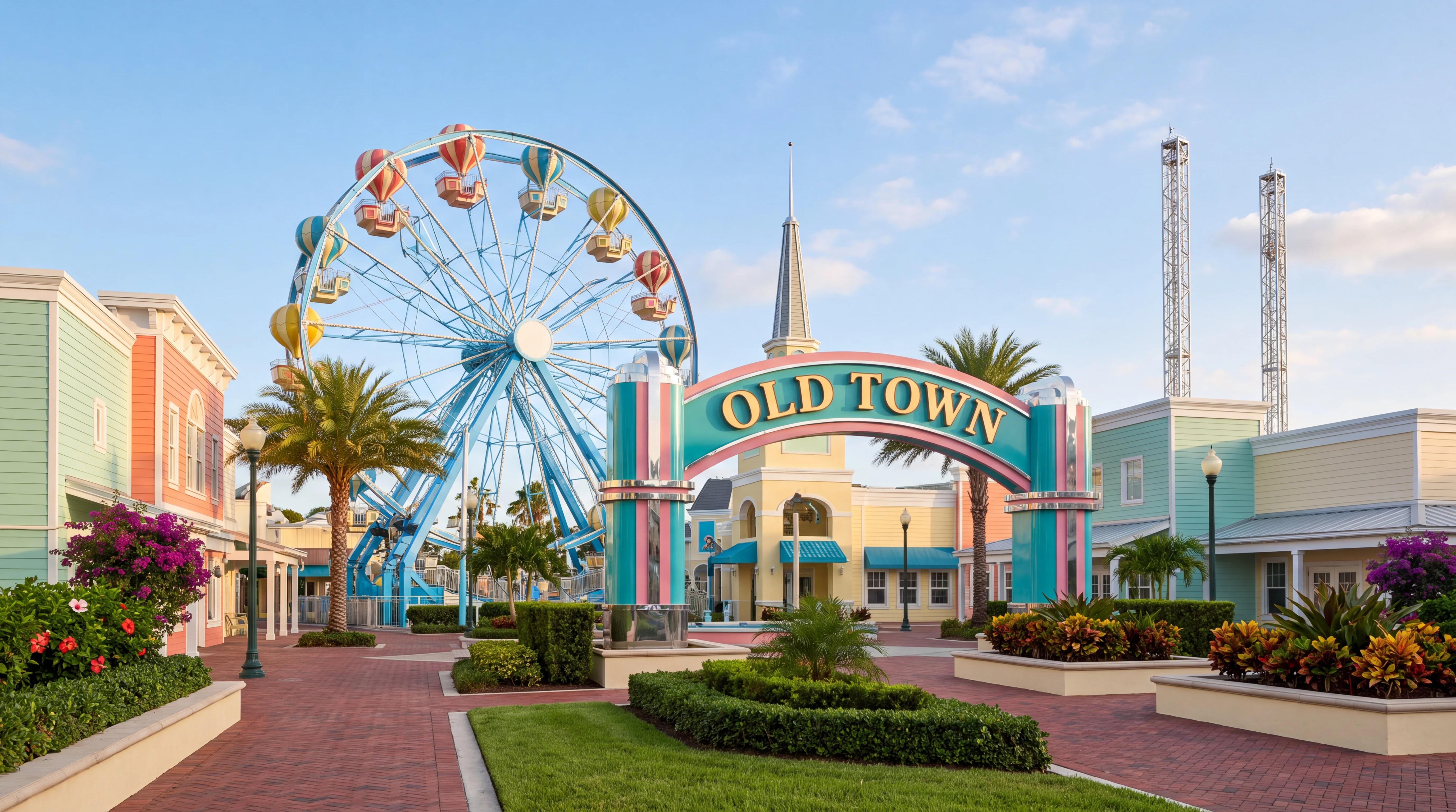 Old Town Kissimmee entrance arch, Ferris wheel and pastel storefronts along a brick promenade