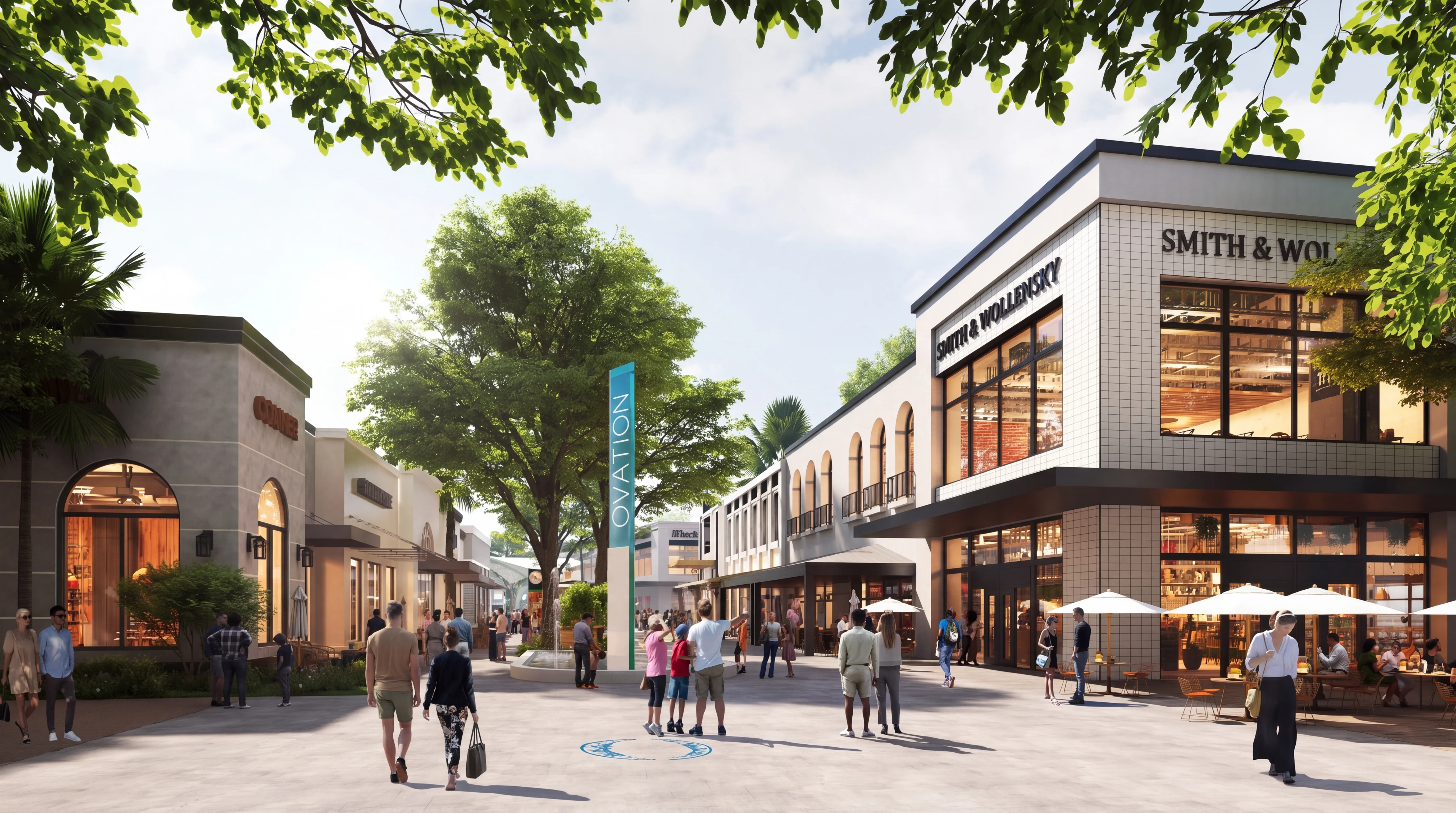 Rendering of the Ovation Orlando mixed-use district plaza with restaurants, shops and pedestrians at I-4 and U.S. 192 in Kissimmee