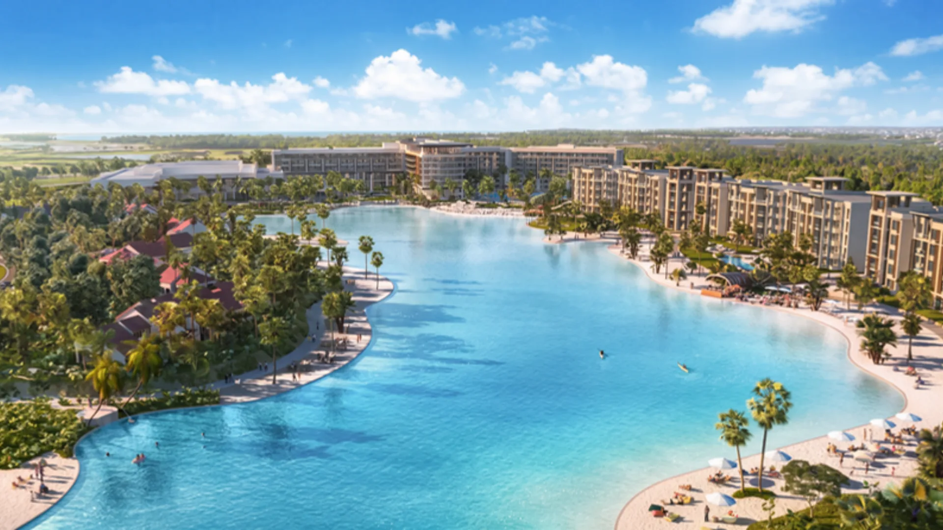 Evermore Orlando Resort lagoon Evermore Orlando Resort lagoon with sandy beaches surrounded by mid-rise resort buildings near Walt Disney World