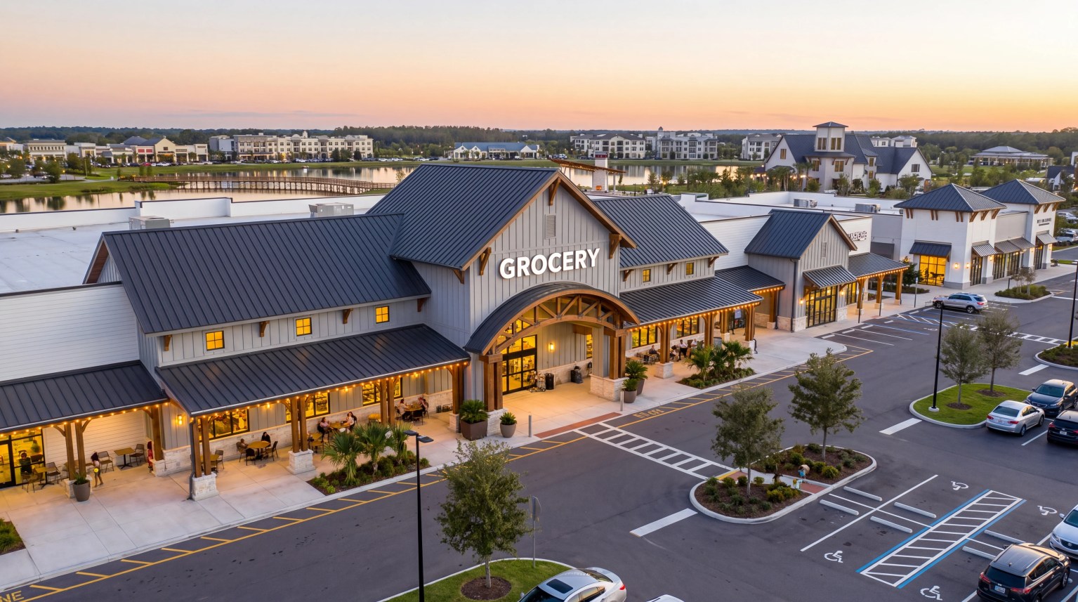 Aerial view at sunset of a grocery-anchored shopping center, illustrating the type of center planned for Hamlin West in Horizon West, Winter Garden