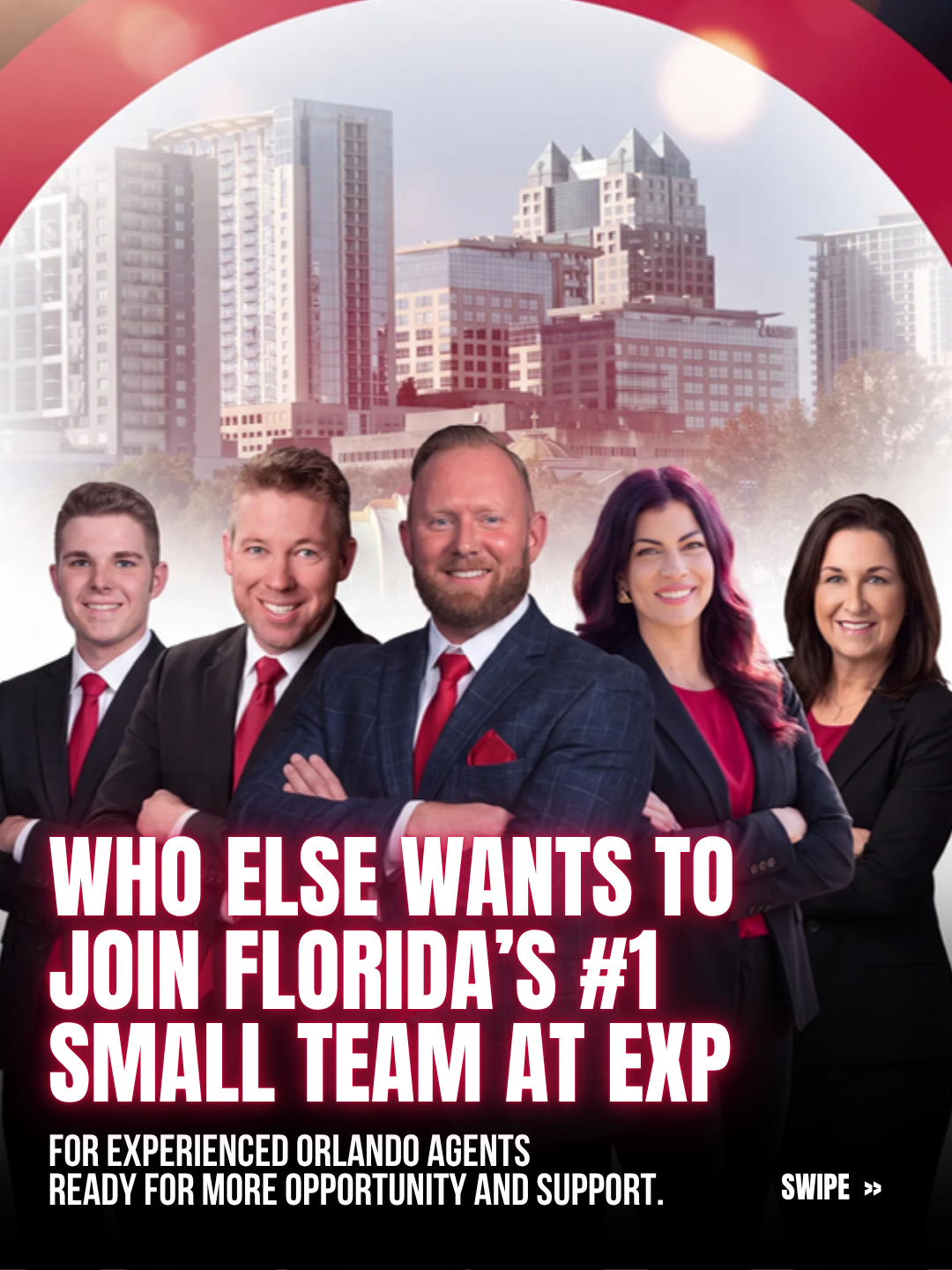 Jared Jones Team agents standing in front of the downtown Orlando skyline on a recruitment ad for experienced Orlando agents