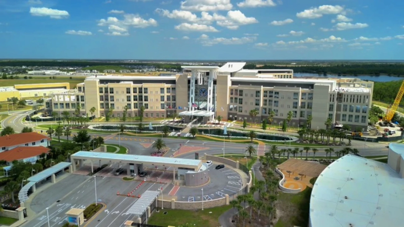 Aerial view of Lake Nona Medical City hospital and research buildings in Orlando, Florida