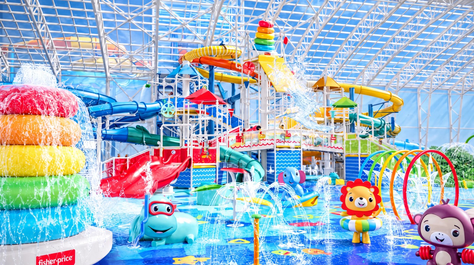 Concept rendering of a Fisher-Price water play area for young children with giant Rock-a-Stack rings spraying water, a multilevel play structure with small slides, sprinkler hoops and animal character figures