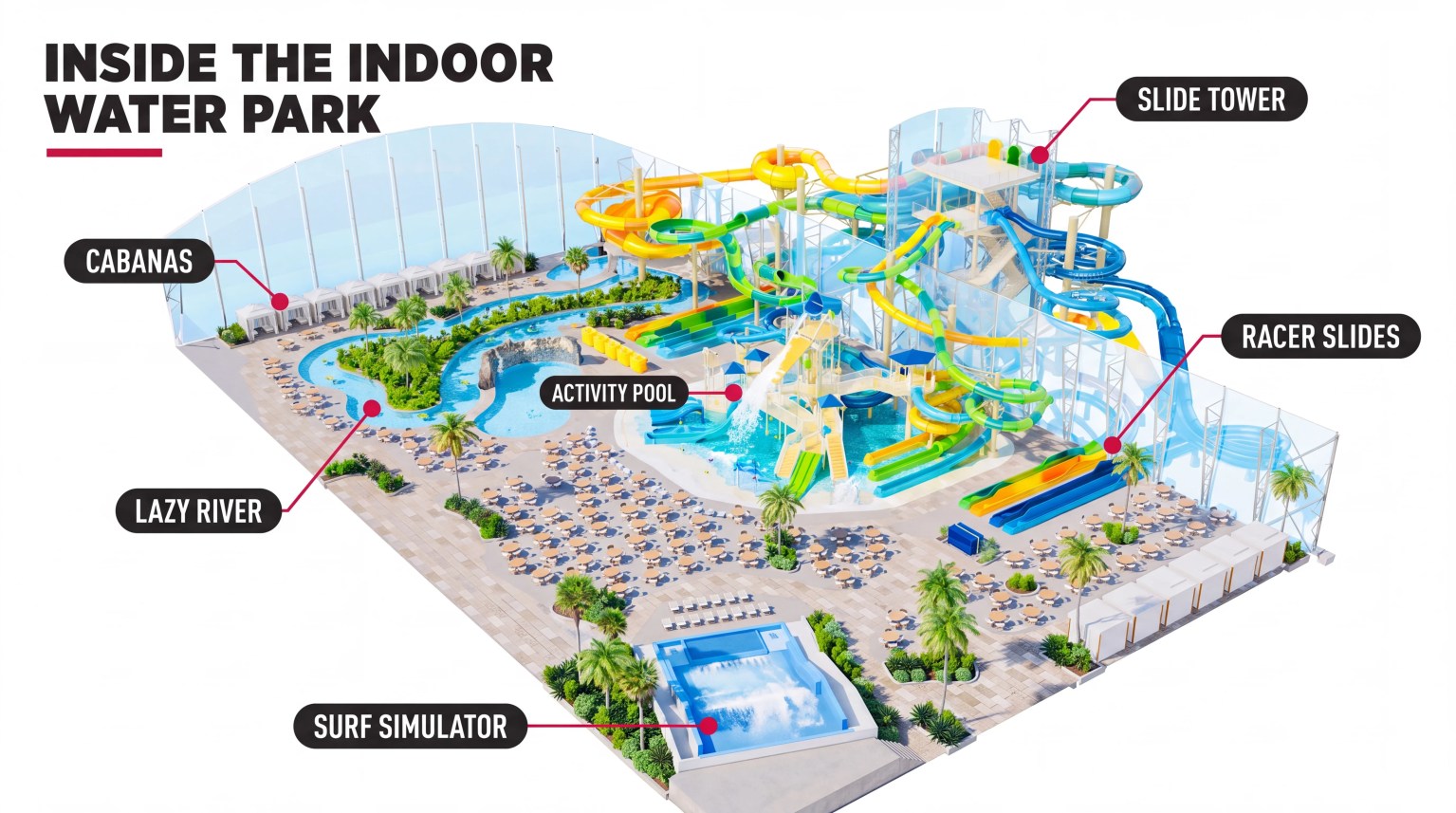 Cutaway diagram titled Inside the Indoor Water Park showing a glass-roofed water park with labeled cabanas, lazy river, activity pool, slide tower, racer slides and surf simulator