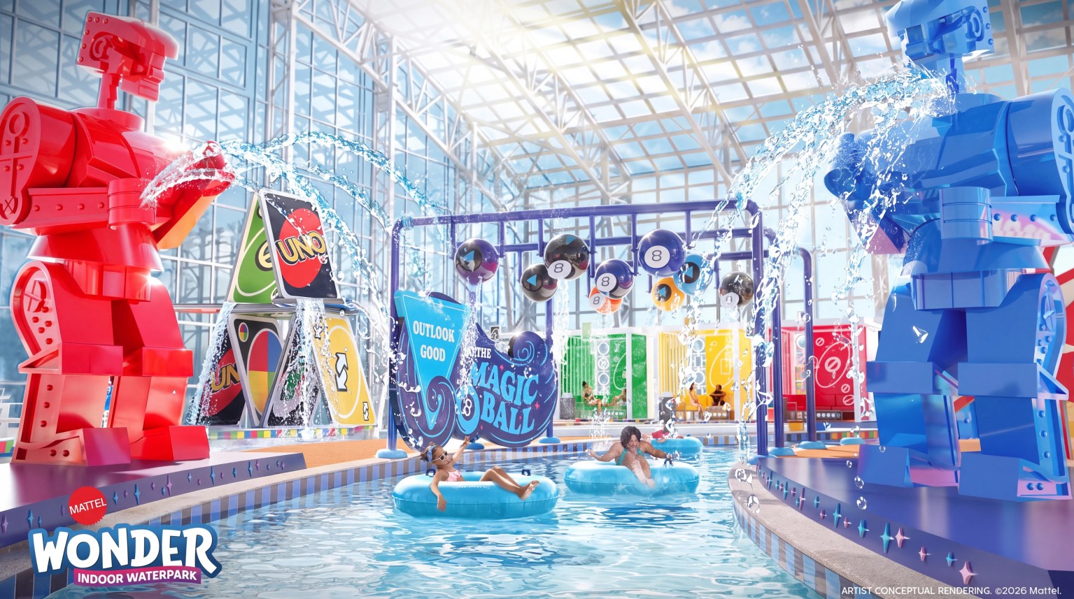 Concept rendering of a lazy river with giant red and blue Rock Em Sock Em Robots spraying water over riders in tubes, surrounded by oversized UNO cards and Magic 8 Balls