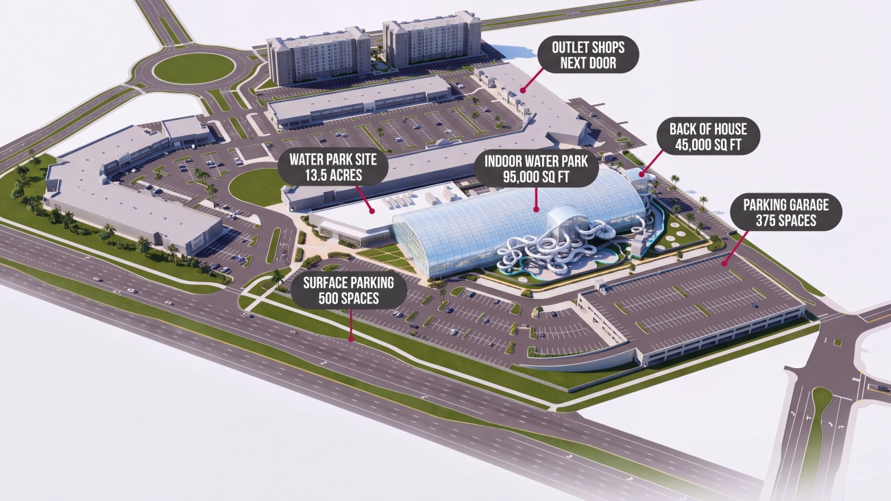 Aerial site plan rendering of the proposed Mattel Wonder Indoor Waterpark site on State Road 535 in Orlando, with callouts for the 13.5-acre water park site, 95,000-square-foot indoor water park, 45,000-square-foot back-of-house building, 375-space parking garage, 500-space surface lot and the outlet shops next door