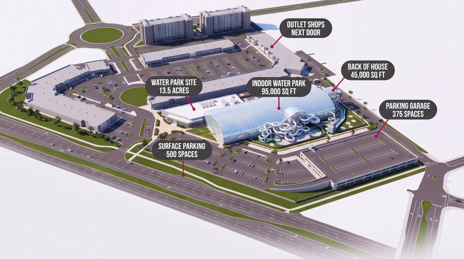 Aerial site plan rendering of the proposed Mattel Wonder Indoor Waterpark site on State Road 535 in Orlando, with callouts for the 13.5-acre water park site, 95,000-square-foot indoor water park, 45,000-square-foot back-of-house building, 375-space parking garage, 500-space surface lot and the outlet shops next door