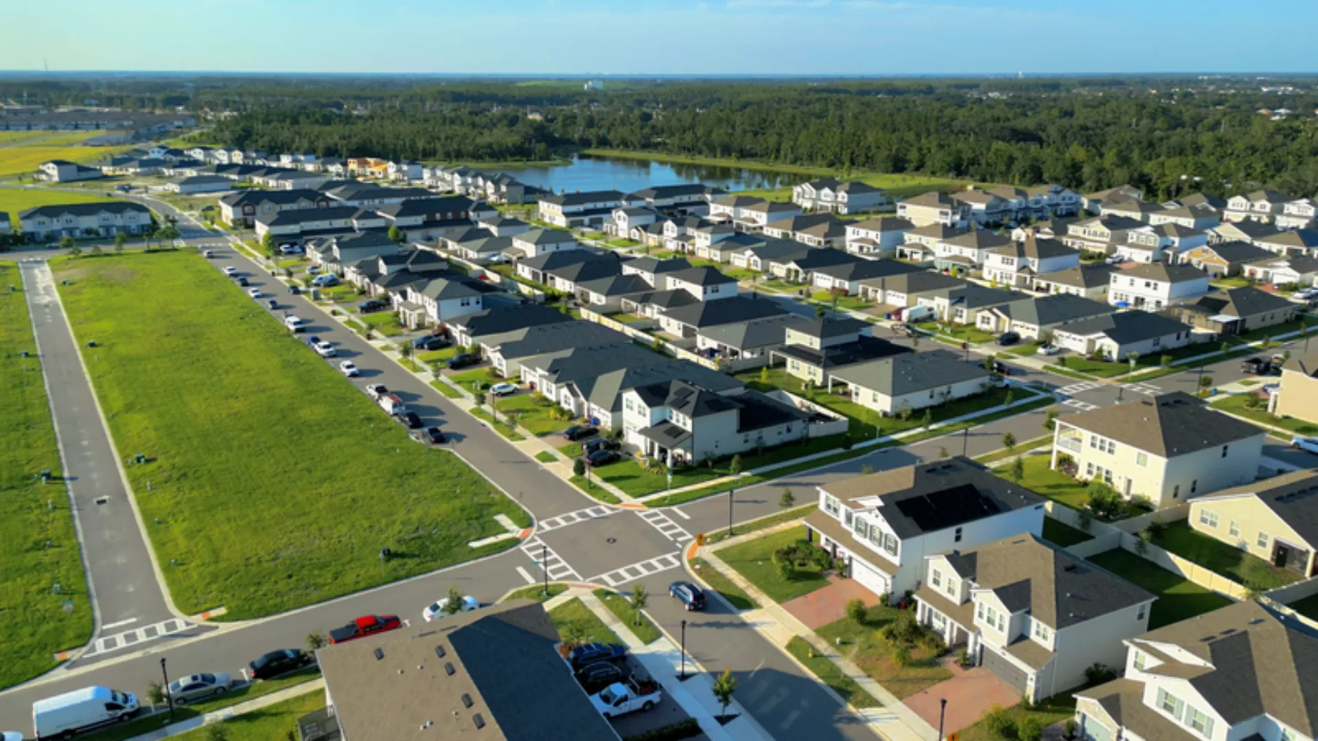 New homes in Central Florida Aerial view of a new Central Florida home community with rows of two-story homes beside open green space