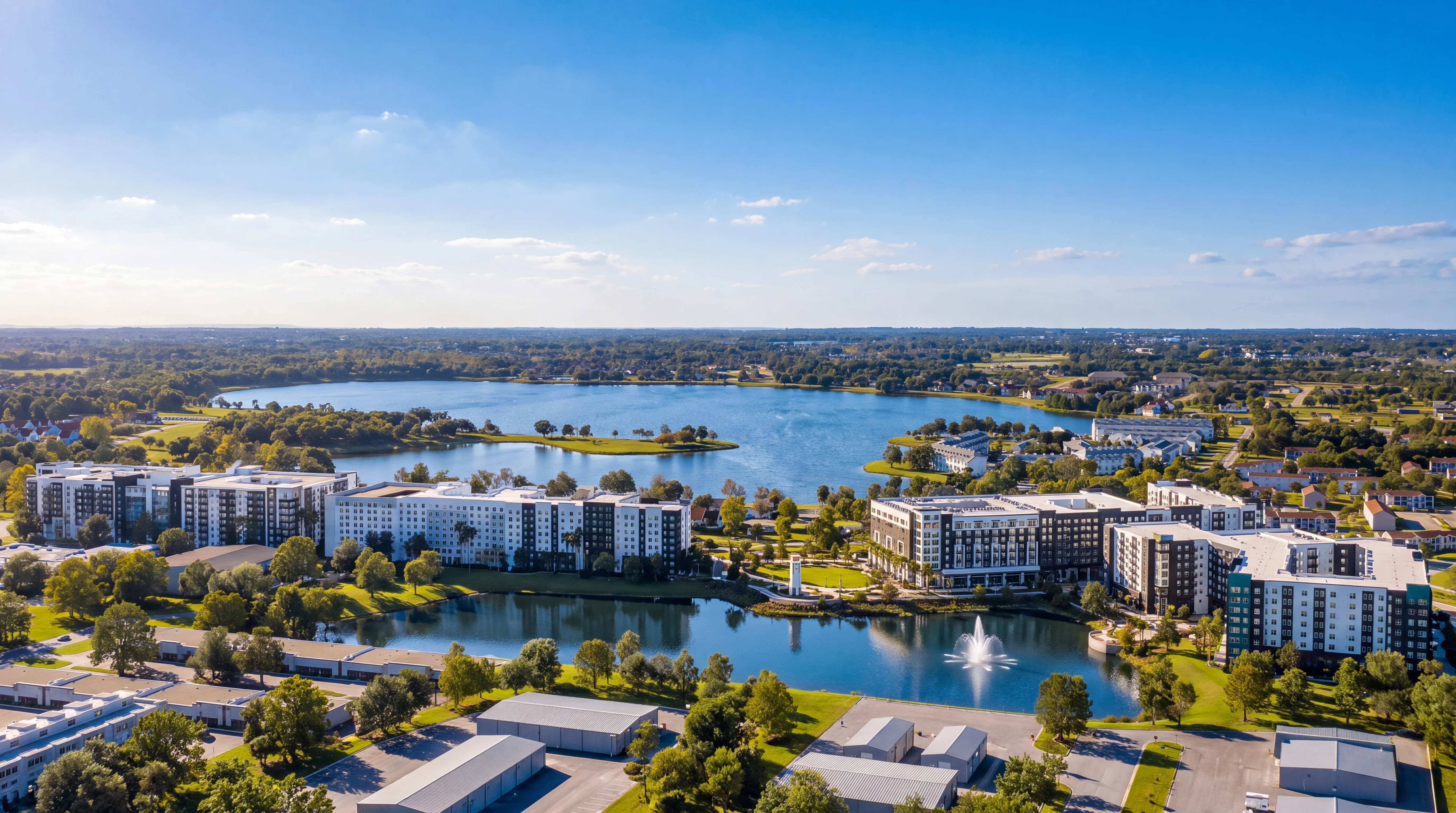 Aerial view of Rose Arts District residential buildings around a pond with a fountain, with a large lake behind, on the former Lake Orlando Golf Course site in Rosemont, Orlando