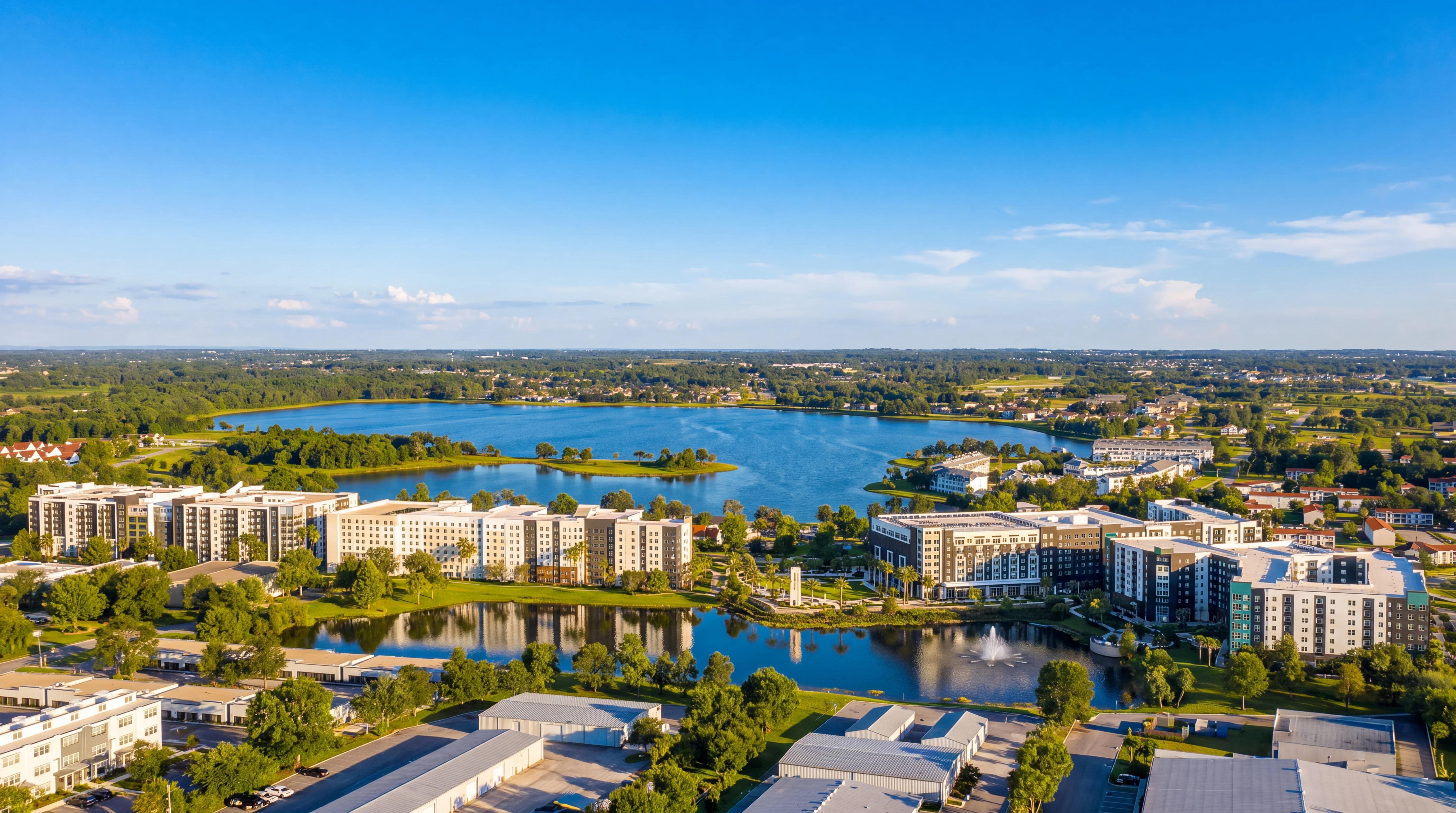 Wide aerial view of the Rose Arts District with mid-rise buildings, a fountain pond and a large lake under a clear blue sky in Rosemont, Orlando