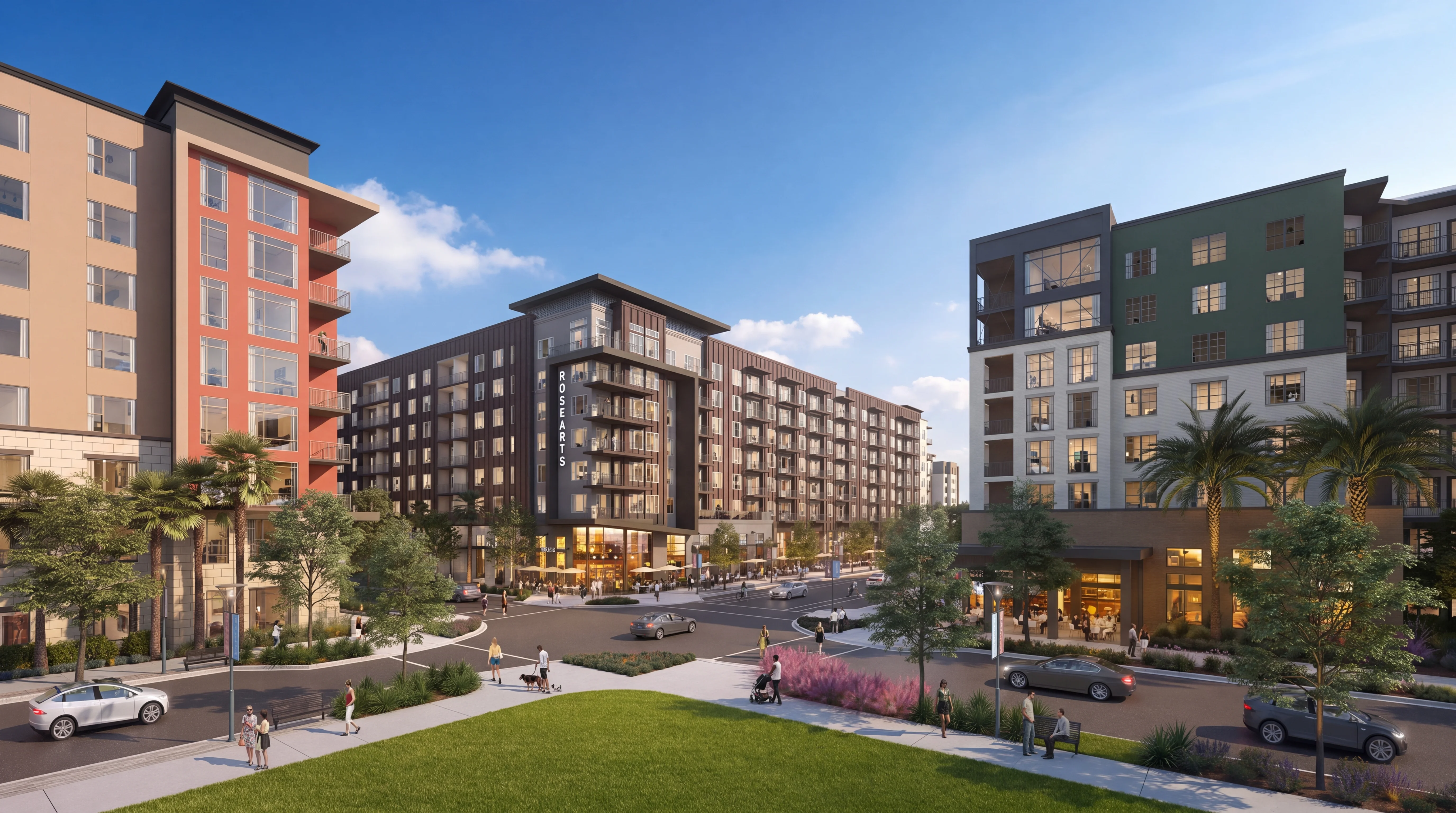 Architectural rendering of Rose Arts District mid-rise buildings with ground-floor retail and outdoor dining at a landscaped intersection in Rosemont, Orlando