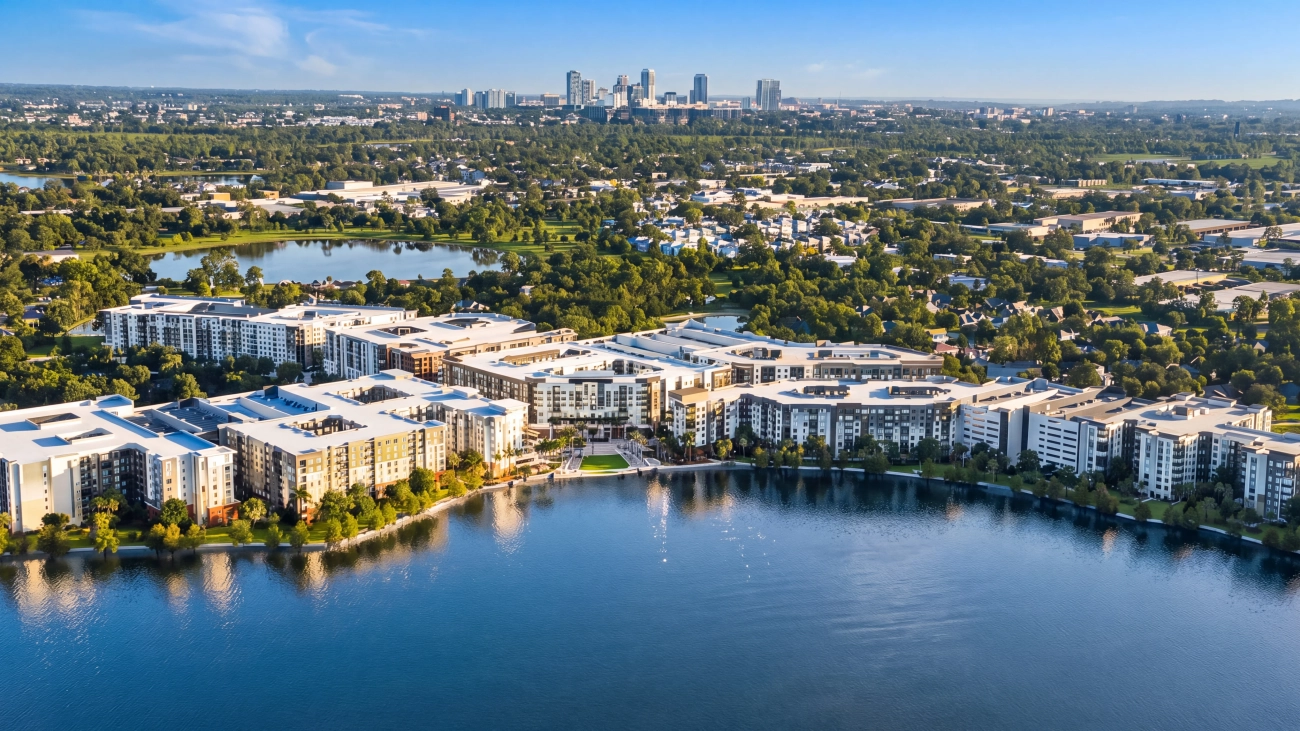 Aerial view of the Rose Arts District mid-rise residential buildings along a lake in Rosemont, Orlando, with the downtown Orlando skyline in the distance